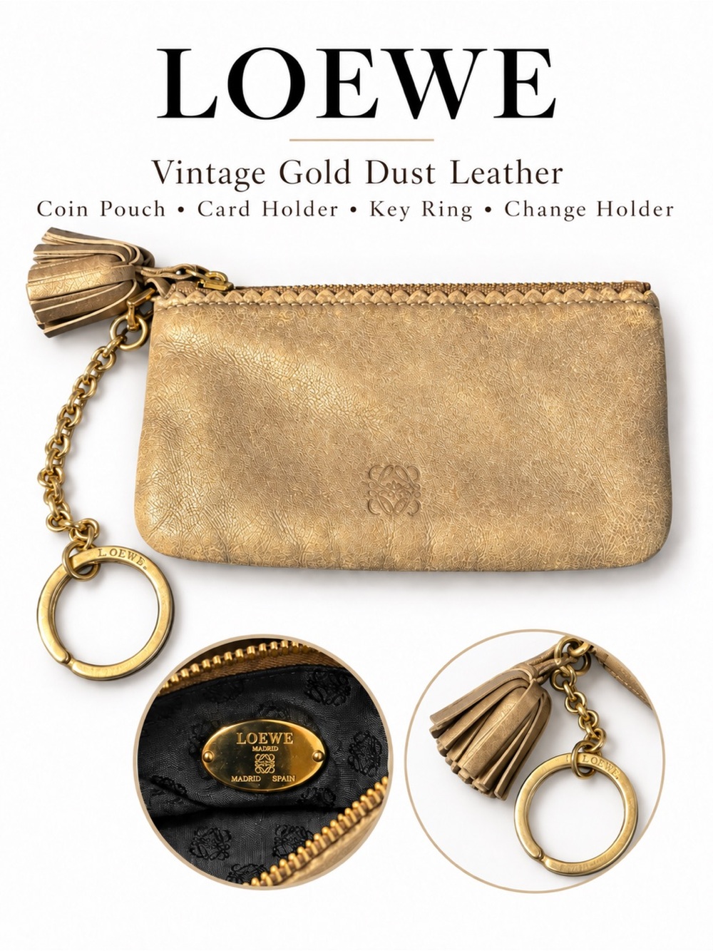 Loewe Gold Dust Leather Pouch Card Holder Coin Pouch Key Ring Vintage